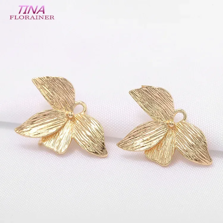 14K Gold Plated Leaf Pendant Accessories For Earrings 2 Ring Connector Charms For Jewelry Making Components