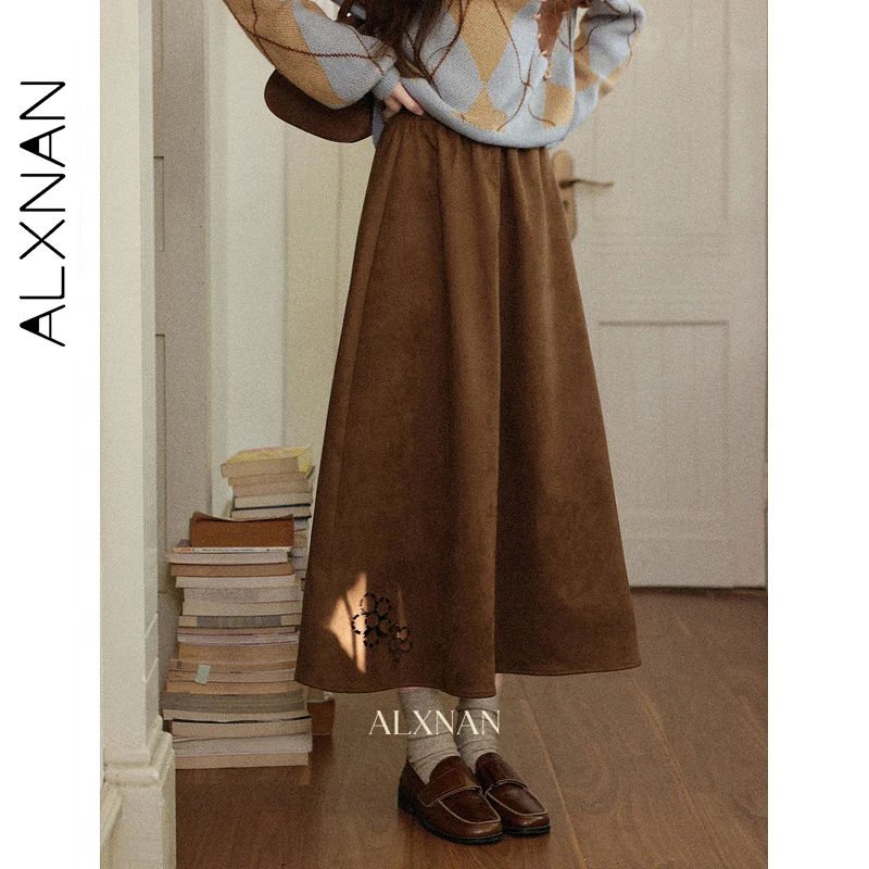 

ALXNAN Women's Khaki Skirt 2025 Elegance Autumn Suede Fleece A-Line Pleated Embroidered Detail Mid-Length Casual Skirt L57717