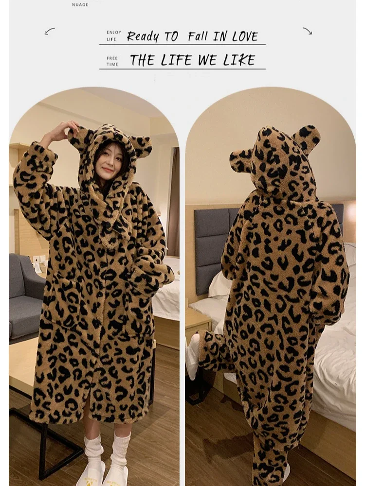 Plus Size Leopard Winter Hooded Robe Pajamas Set Women Plush Soft Home Suit Coral Pjs Long Sleeve Thick Warm Flannel Loungewear