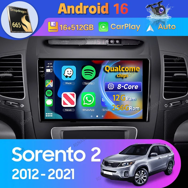 Android 16 Carplay Auto For Kia Sorento 2 II XM 2012 2013 - 2021 Car Radio Multimedia 2 Din Stereo Player Video GPS Head Unit BT