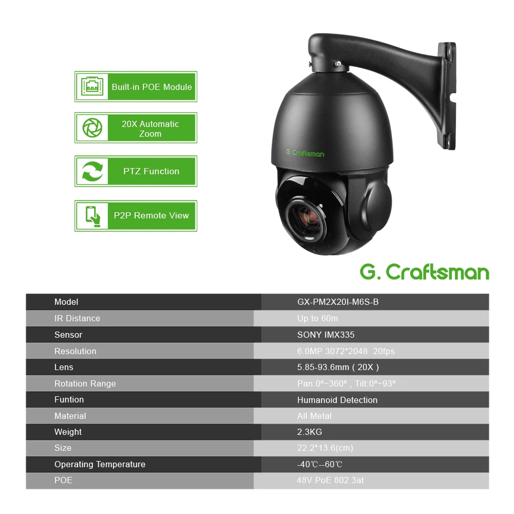 Imagem -02 - Xmeye 6.0mp Poe 20x Ptz Dome Sony335 Zoom Óptico Humano ir 60m Cctv Segurança à Prova Impermeável Água g. Artesão ru