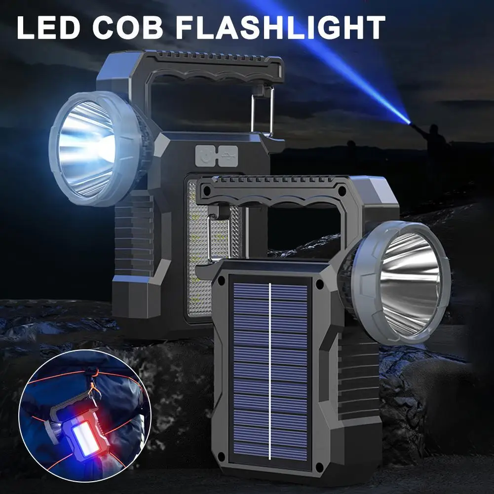 Solar Rechargeable LED Work Light 1200mAh Battery High Low Side Red Blue Strobe Light Metal Hook Portable Outdoor Emergen