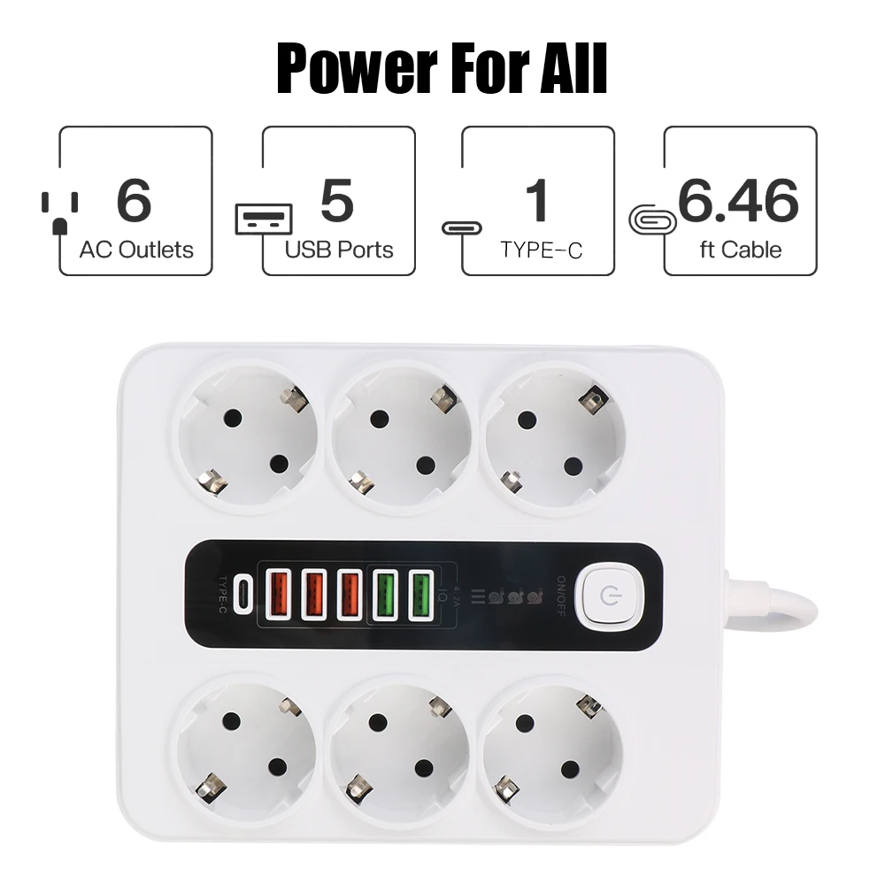 For Office Home USB Type C Extension Socket With Safety Switch Power Strip 3000W Outlet 2M Cable Overload Protection EU Plug