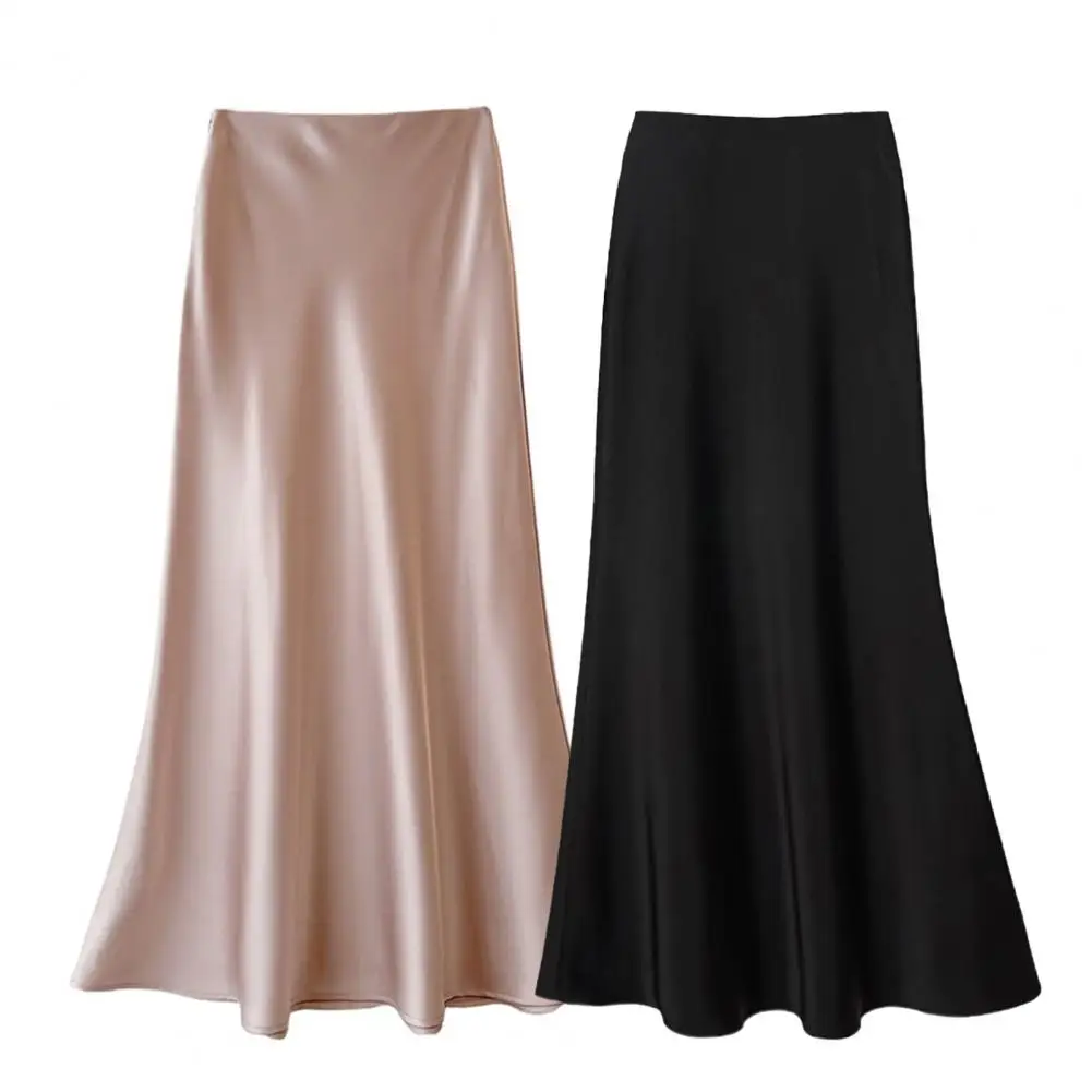 

Indoor Outdoor Skirt Elegant High Waist Satin Midi Skirt with A-line Fishtail Design for Women Solid Color Hem for Workwear