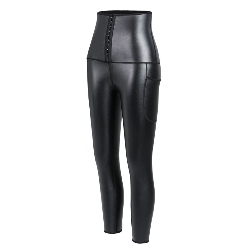 Mulheres ajustável corpo shaper leggings de couro calças de cintura alta calças elásticas cintura trainer calças de couro shapewear com bolso