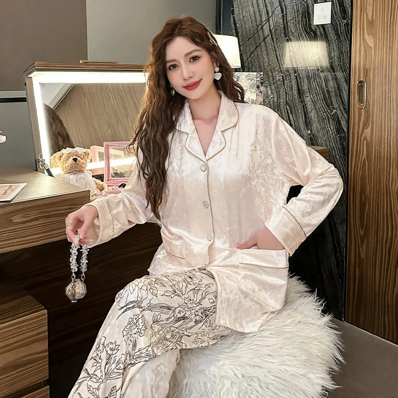 Женский бархатный пижамный комплект больших размеров, зима-весна, одежда для сна на пуговицах с длинными рукавами, мягкая одежда для дома из 2 предметов, пижамный комплект High Sense