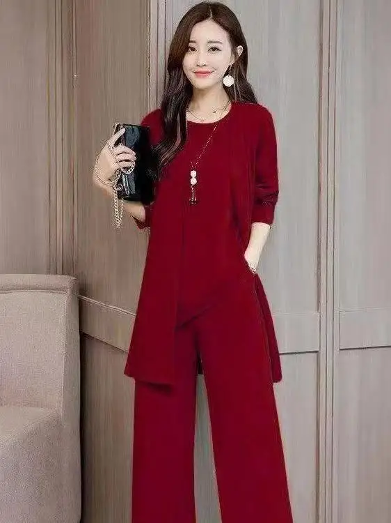 plus Size Fashionable Women's Three-Piece Set Spring 2026 Loose Wide Leg Pants Slimming Effect Comfortable Korean Style Commute