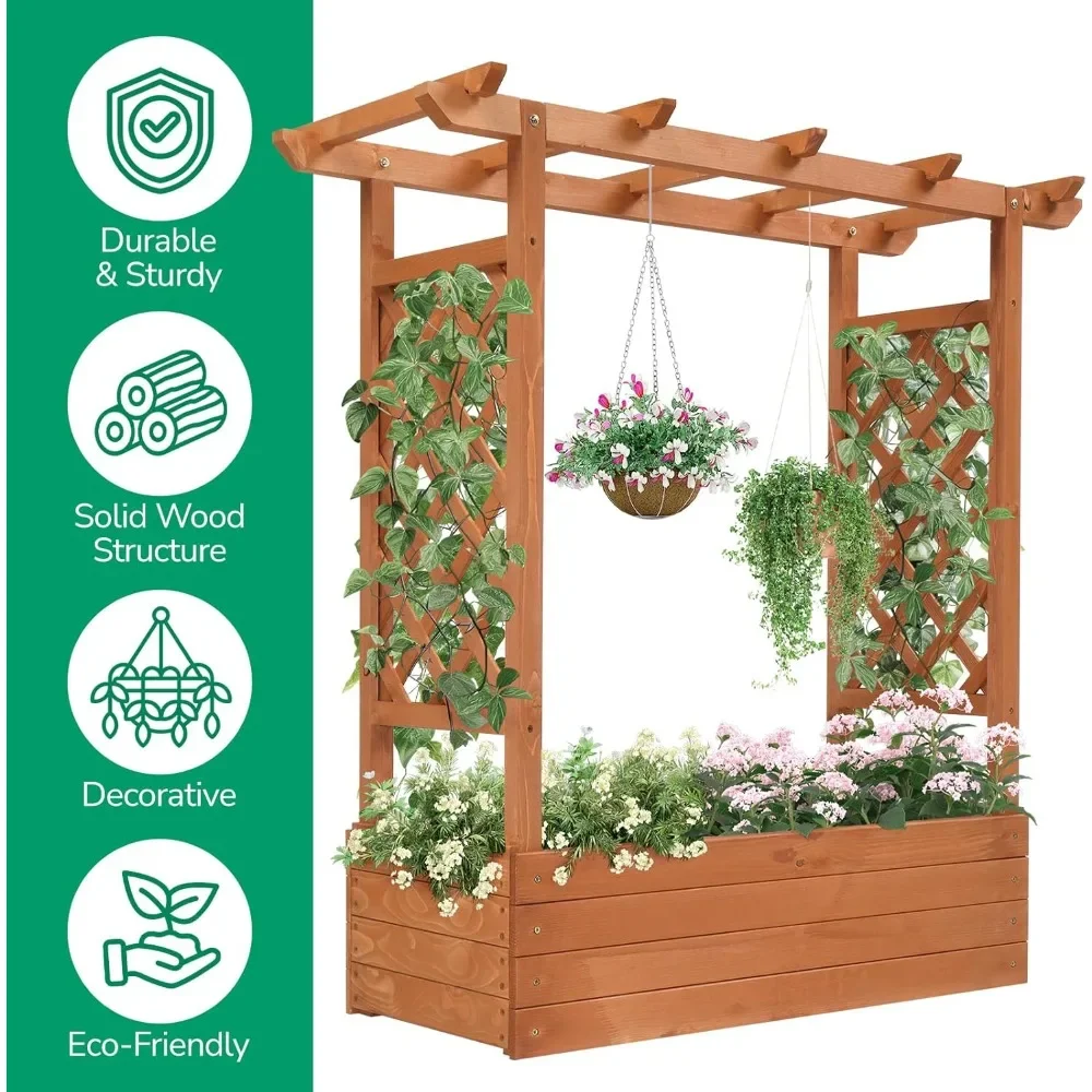 Plant Stand.Raised Garden Bed with Trellis, Wood Planter Box with Hanging Roof, Side Trellis and Drainage Holes, Above Ground