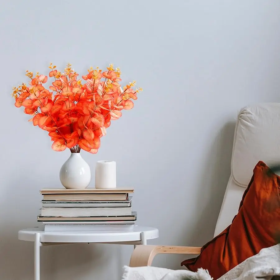 10 個の秋のユーカリの茎 秋の花 フェイクオレンジユーカリの葉 感謝祭の装飾用 秋のパーティー ホームベッドルームの装飾用