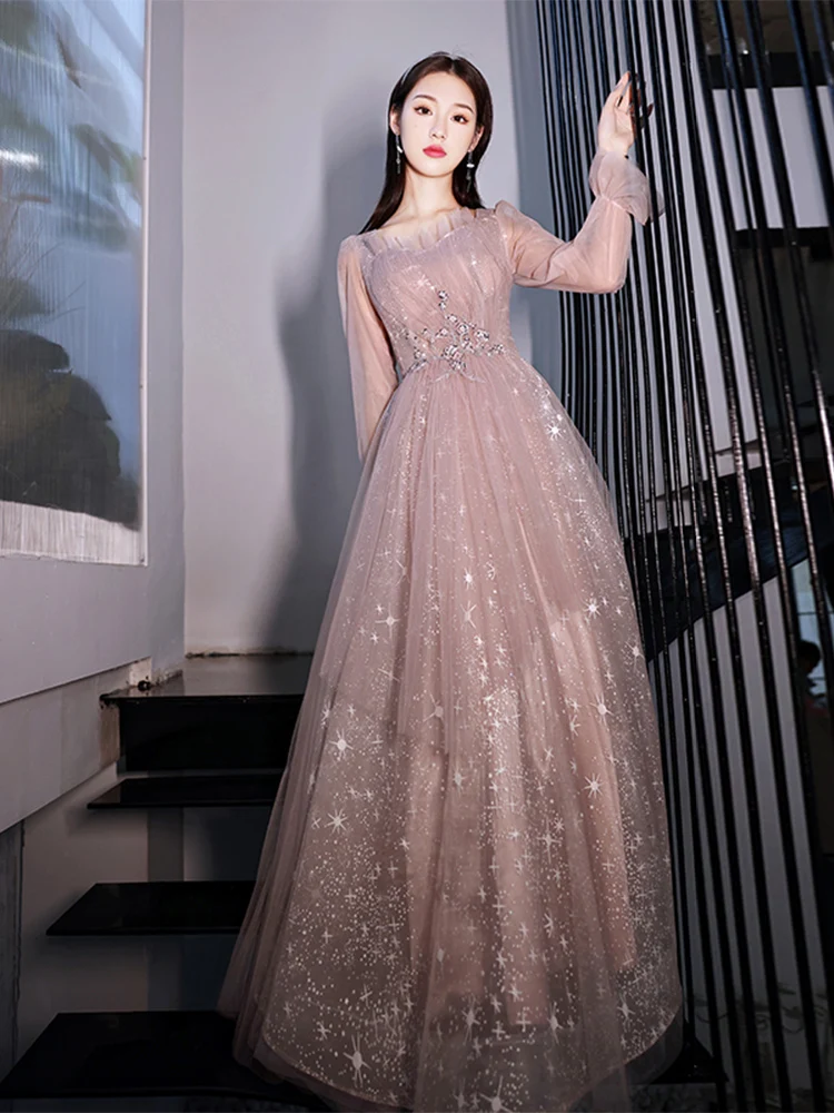 Robe de soiree Pink Shiny Star Prom Gowns Long Sleeves Formal Evening Dresses Floor-Length Cocktail Party Dress customized