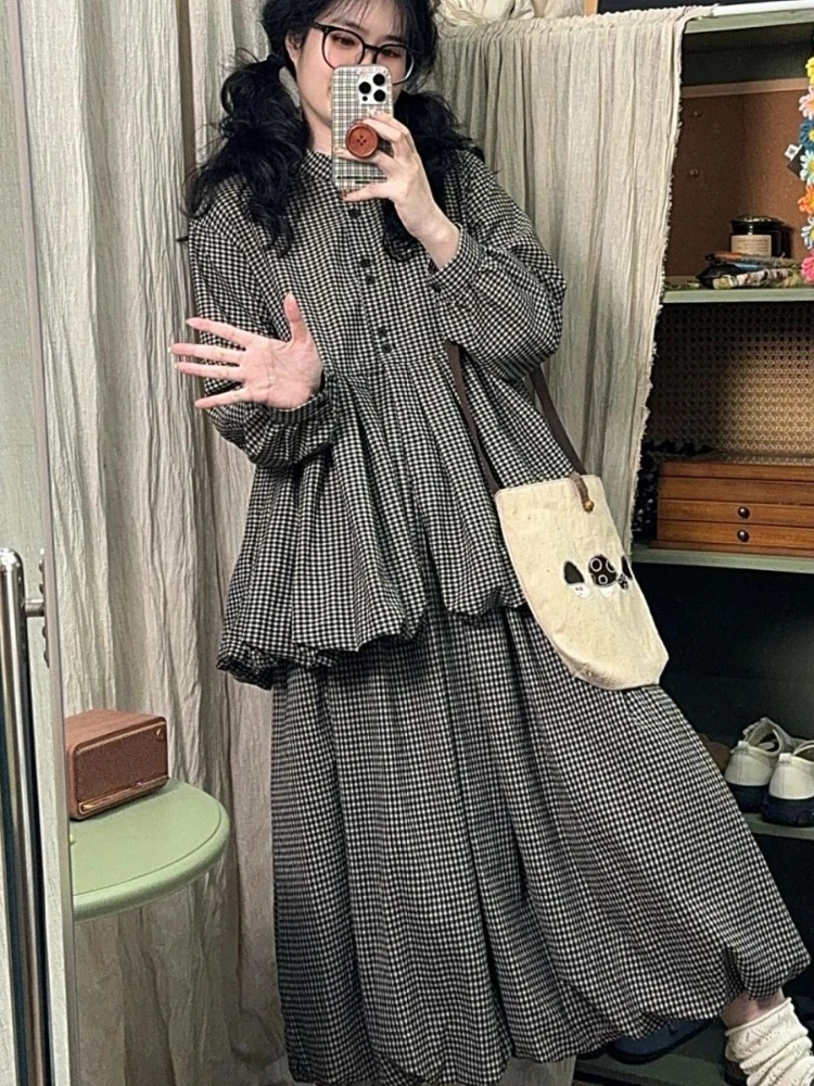 

2025 Spring Autumn Matching Sets Long Sleeve Patchwork Shirts+high Waist Long Skirts Plaid Fashion Vintage Design Women Clothing