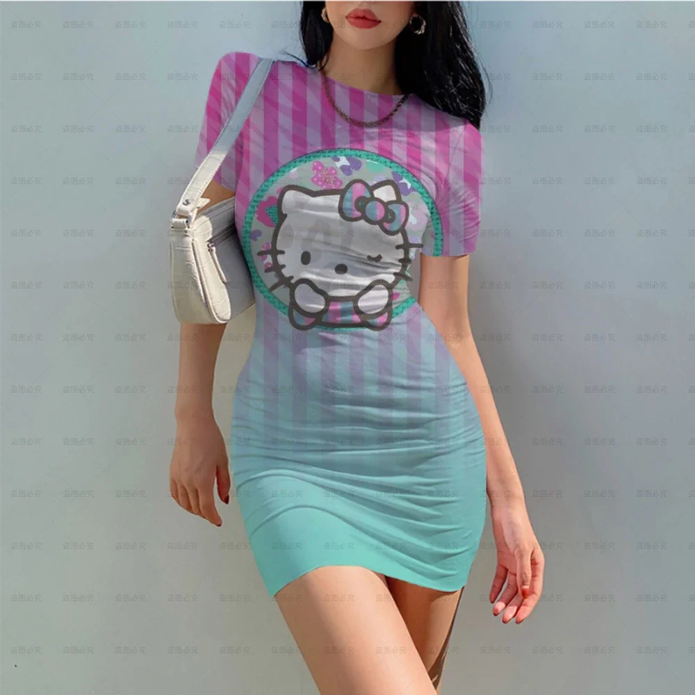 Hello Kitty 3d Bodycon Mini Jurken Voor Vrouwen Korte Mouw O-Hals Jurk Sexy Dames Nachtclub Dragen Slanke Jurken Mode Roze