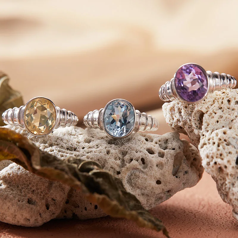 

NewS925Sterling Silver Inlaid Natural Gemstone Topaz Amethyst Ring for Women Index Finger Wholesale