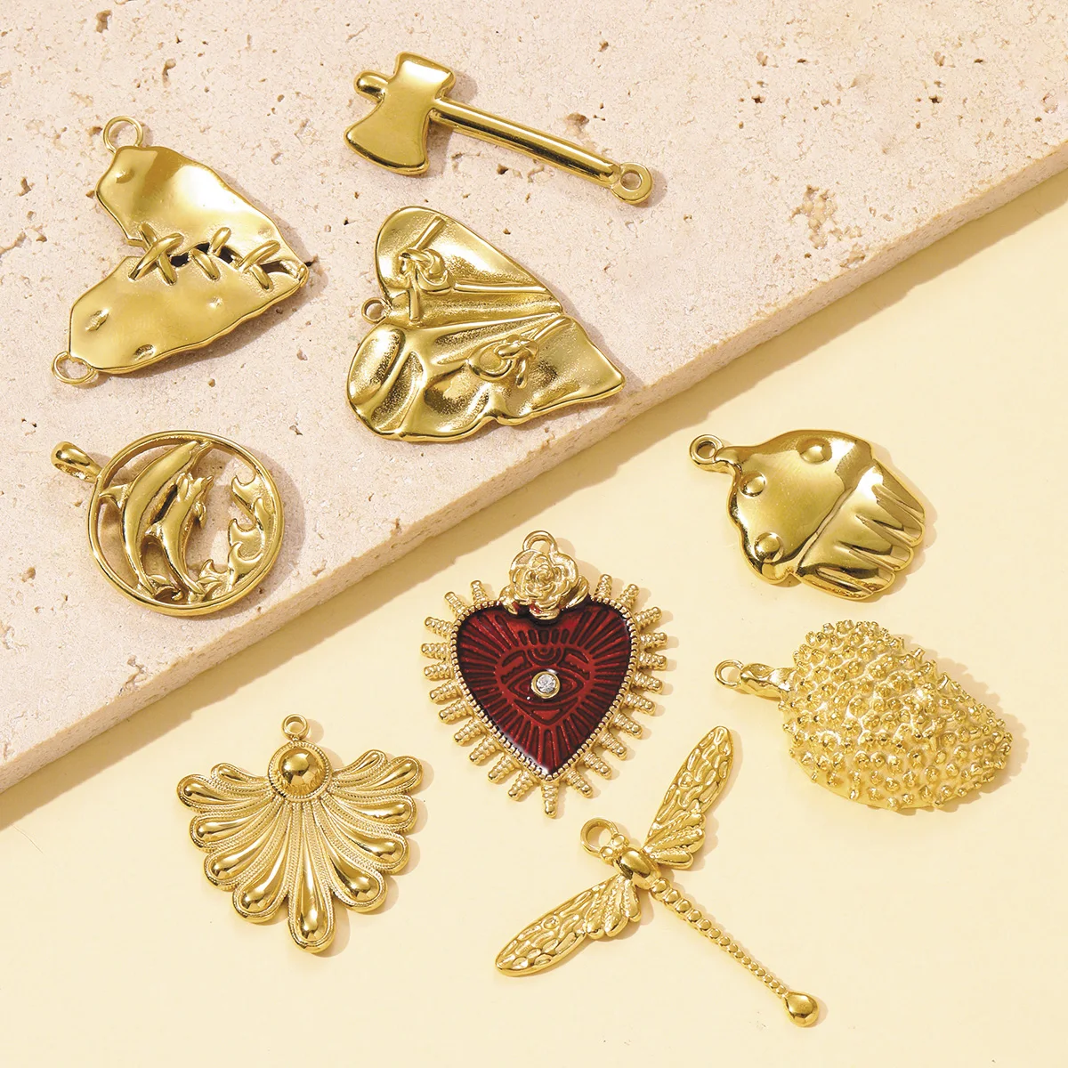 3pcs/Lot French Retro Stainless Steel Love Heart Leaf Necklace Pendants Durian Axe DIY Earring Charms Women Dragonfly Jewelry