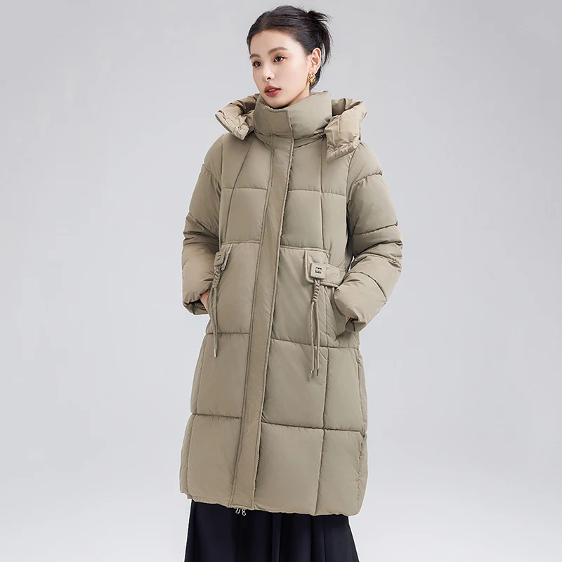 Nuovi piumini lunghi con cappuccio Abbigliamento Colletto alla coreana da donna Cappotto caldo addensato Piumino elegante invernale tinta unita femminile