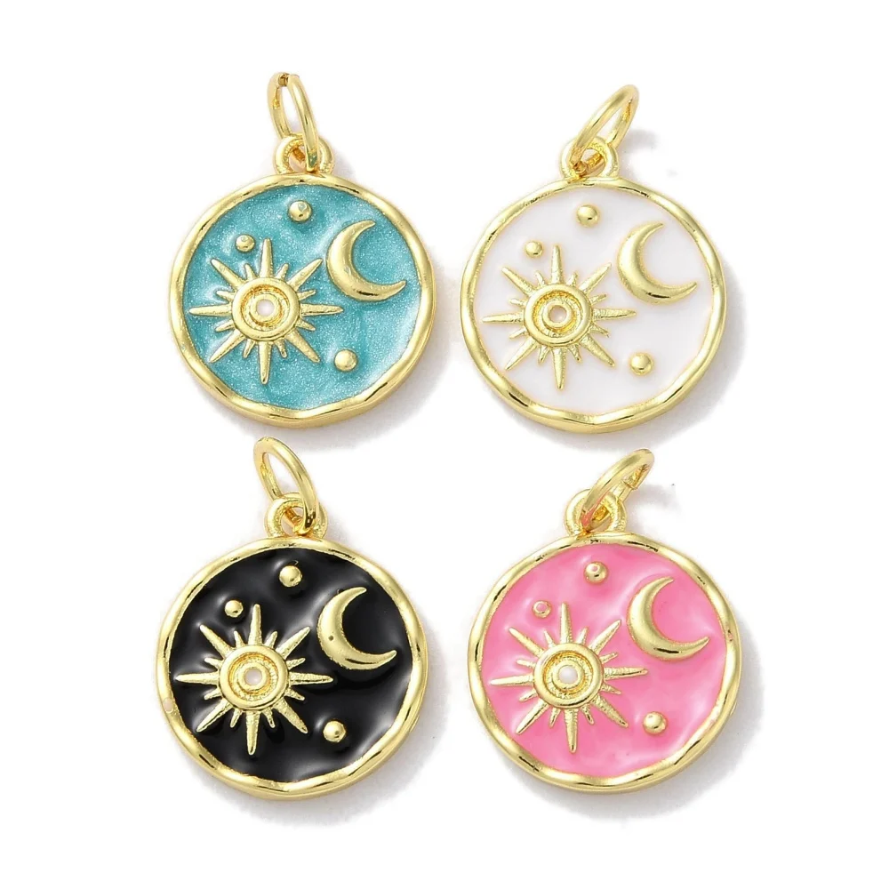 10Pcs Round with Sun Moon Enamel Pendants Sky Space Celestial Hang Charm for DIY Craft Bracelet Nacklace Jewelry Making15x13x2mm