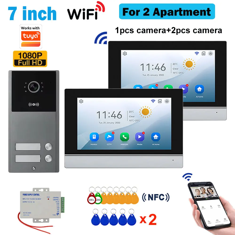 Interphone vidéo WiFi LCD 7 pouces 1080P pour appartements résidentiels 2/3/4 unités, système de vid