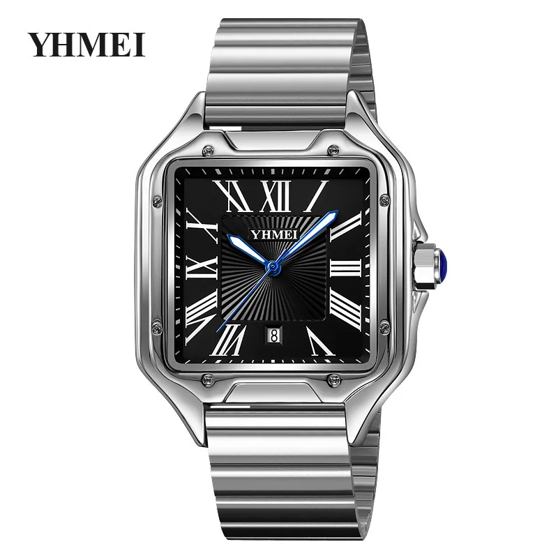 Luxury Watch for Men Square Rectangle Reloj Sliver Orologio Black Leather Band Stainless Steel Quartz Wristwatch Male Man Clock