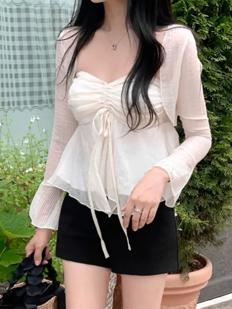 Korejepo New Chiffon Top Suits 2024 Summer Super Fairy Sexy One Shoulder Bra Top Long Sleeve Cardigan Set Beautiful Clothes