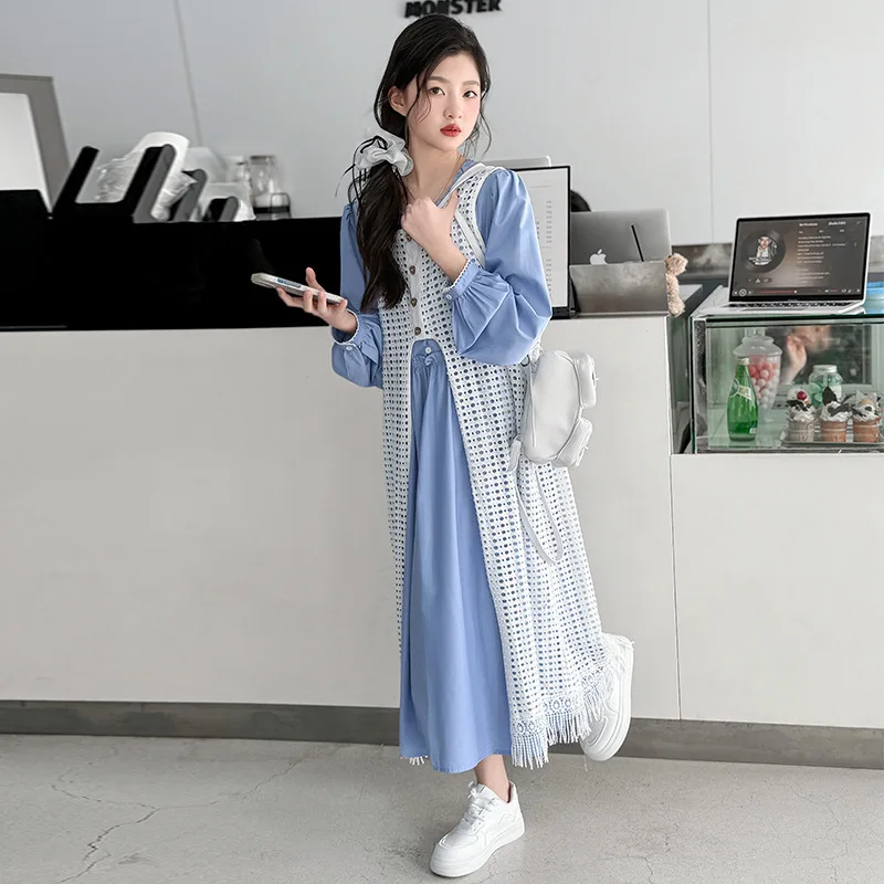 

Осенние корейские детские костюмы для девочек, детское цельное платье на пуговицах с круглым вырезом для девочек от 4 до 14 лет, блузка с дырками для девочек, школьные комплекты для девочек