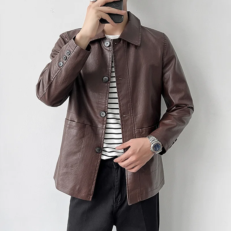 Spring and Autumn New Men's Motorcycle Trendy Handsome Coat Fashion Classic Windproof Breathable Business Soft Leather Jacket