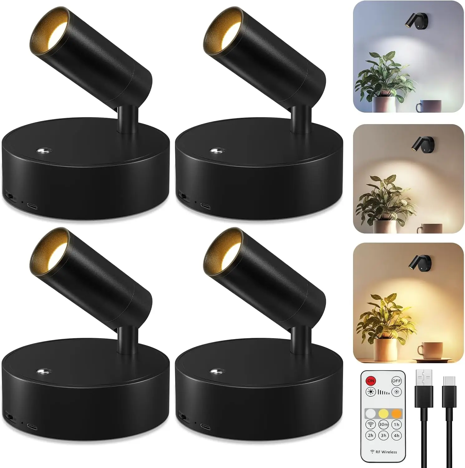 

Wireless LED Spotlight Indoor, Dimmable with Remote, Battery Operated Wall Light for Plants and Pictures (4 Pack Black)