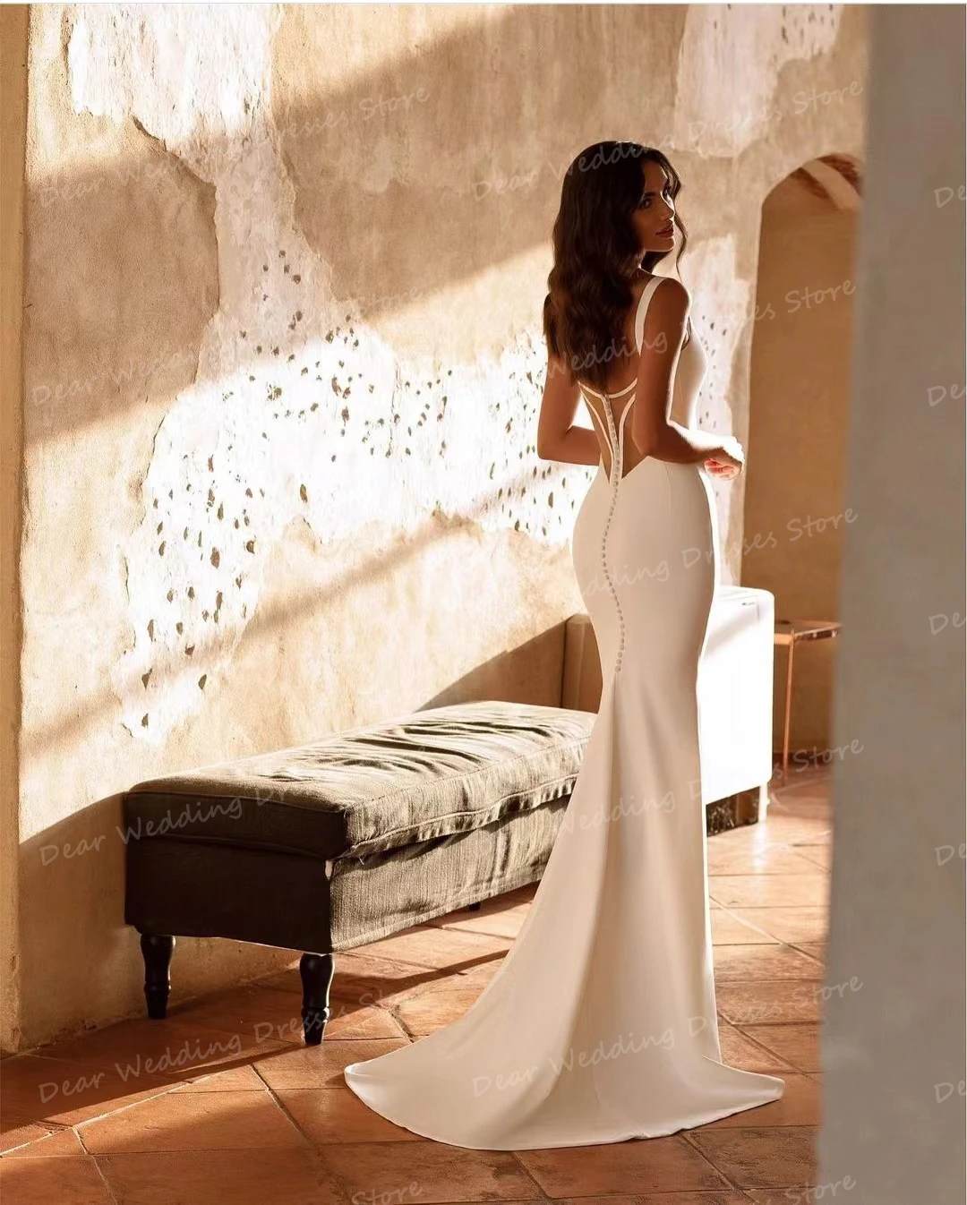 Semplici abiti da sposa Sexy con scollo a V sirena formale da donna in raso Sweep Train abiti da sposa senza maniche abiti eleganti da festa smilesullovers