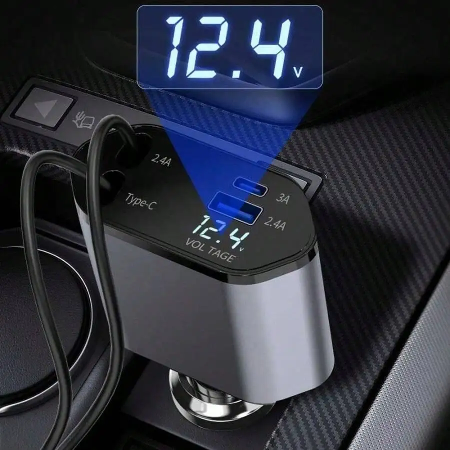 

120W 4-Port Car Charger With Digital Voltage Display, Retractable Type-C & Lightning Cables, Fast Charging For All Devices