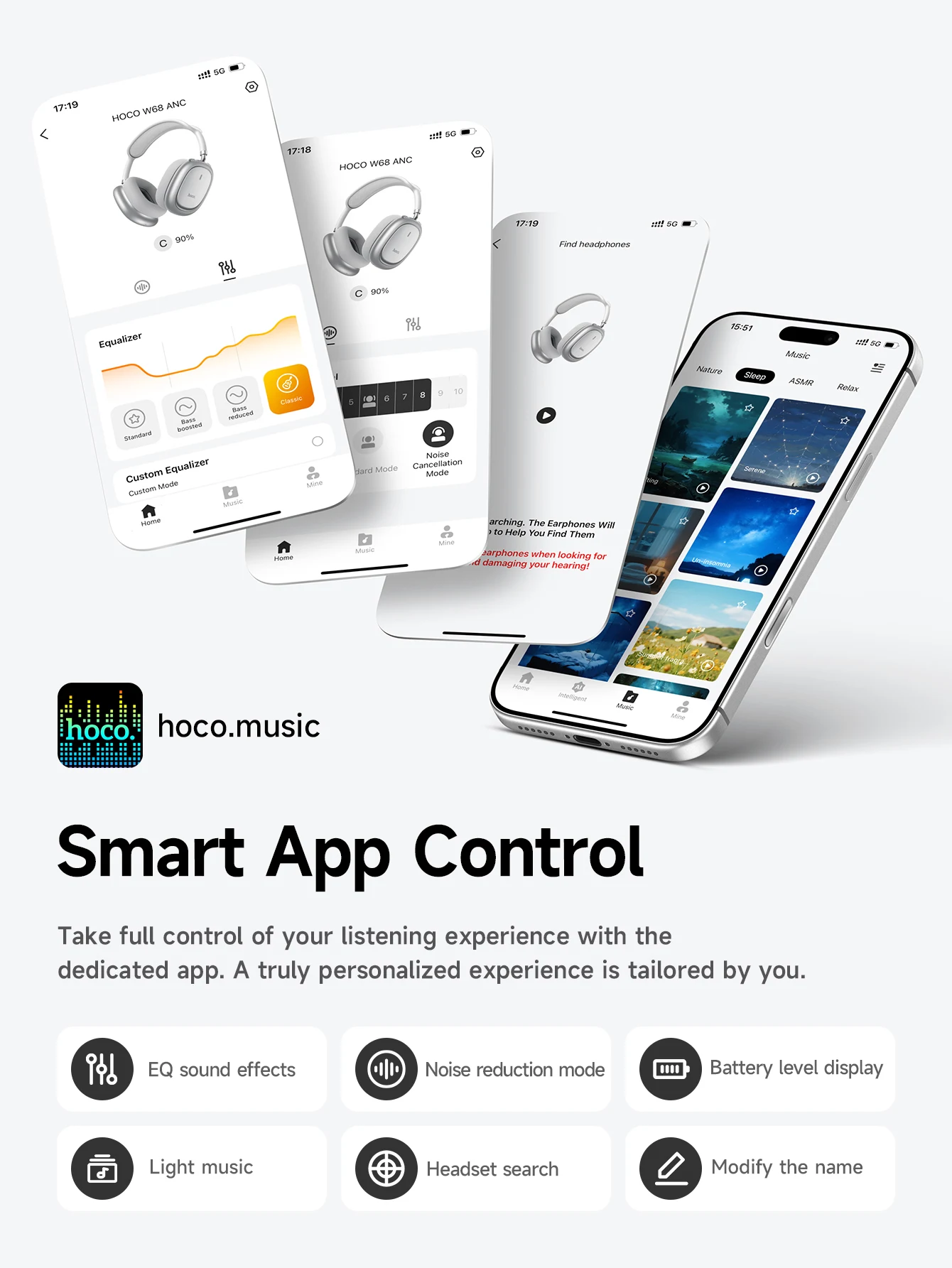 HOCO W68 ANC Geräuschunterdrückende Bluetooth 6.0 Kopfhörer Kabellose Headsets mit App-Steuerungsfunktion und Mikrofon für Telefonanrufe – Detail 5