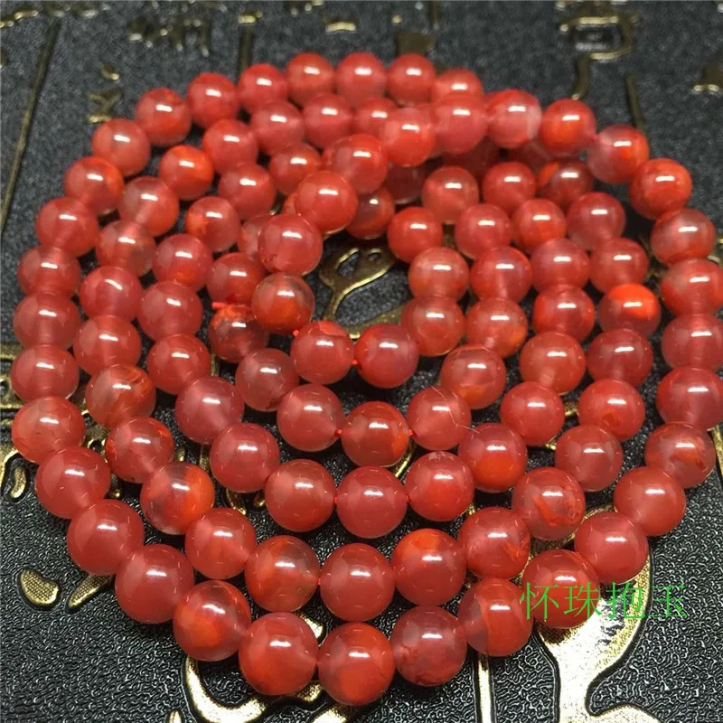 South Agate 108 Bead Buddhist Bracelet, Persimmon Red, Nine-String, Unisex, 6Mm