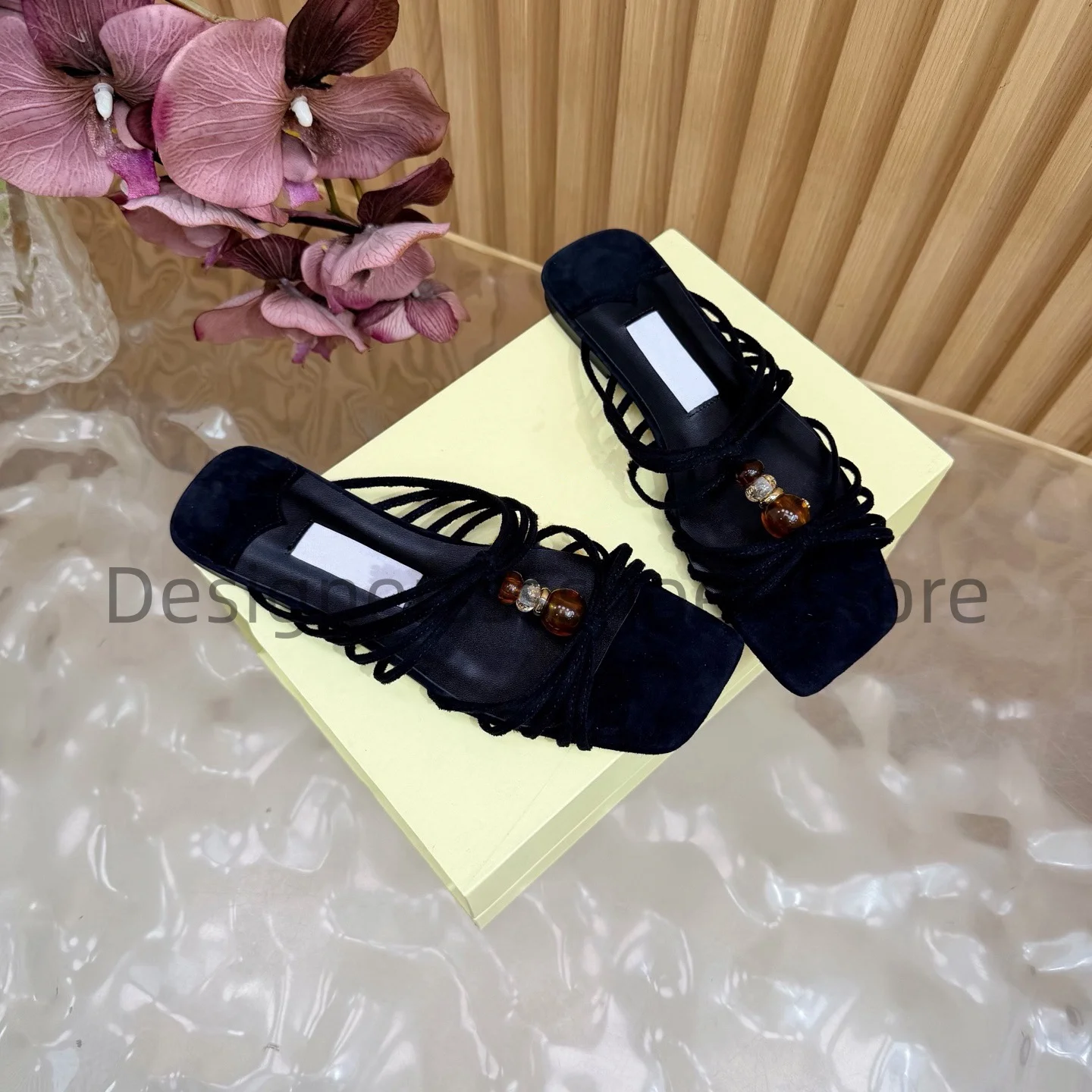 Evening Flat Sandals with Amber Buckle Suede Upper Sheepskin Lining Italian Leather Outsole Sizes 35-42