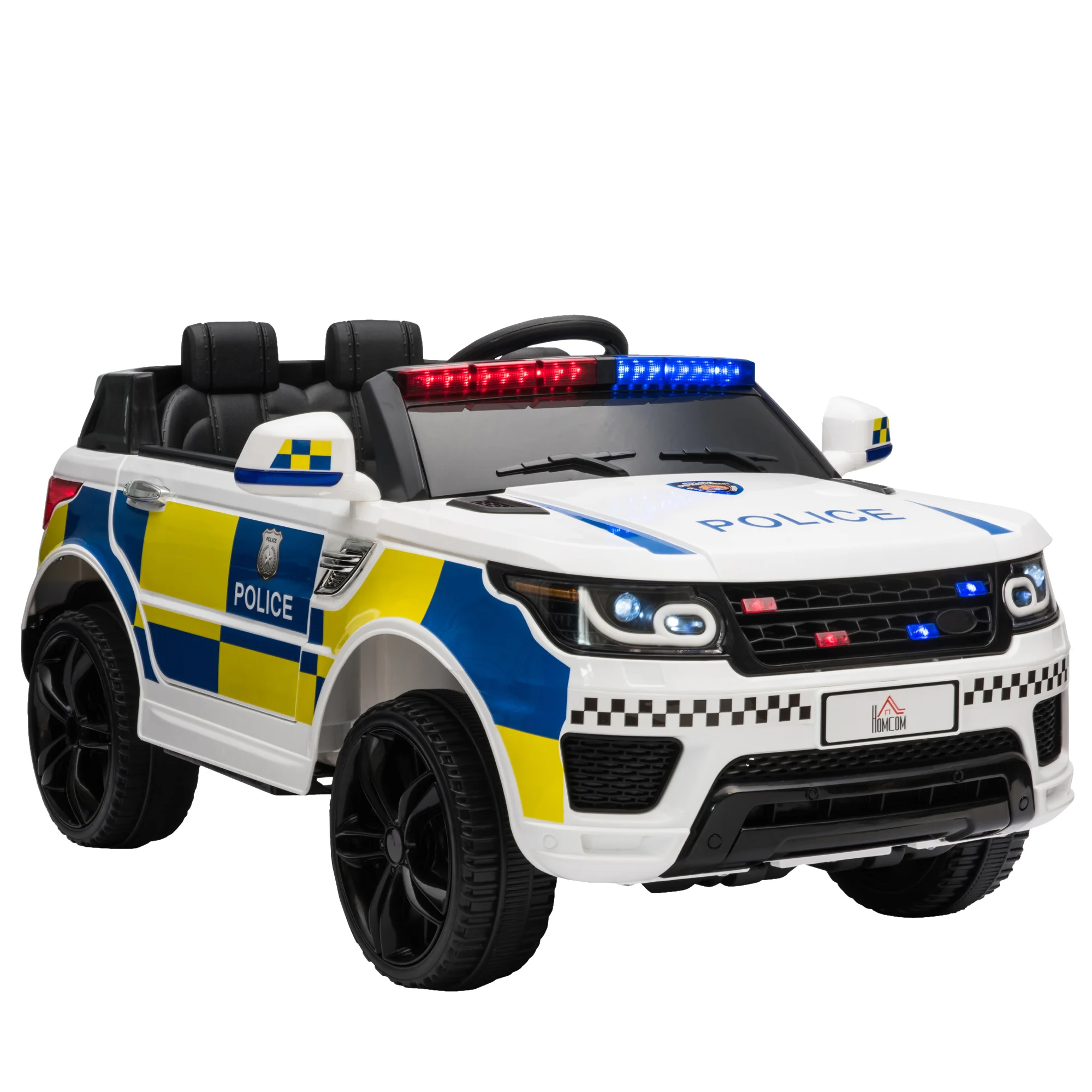 HOMCOM Coche Eléctrico Infantil de Policía Coche de Batería 12V con Mando a Distancia Bluetooth Luz USB Sirena Blanco