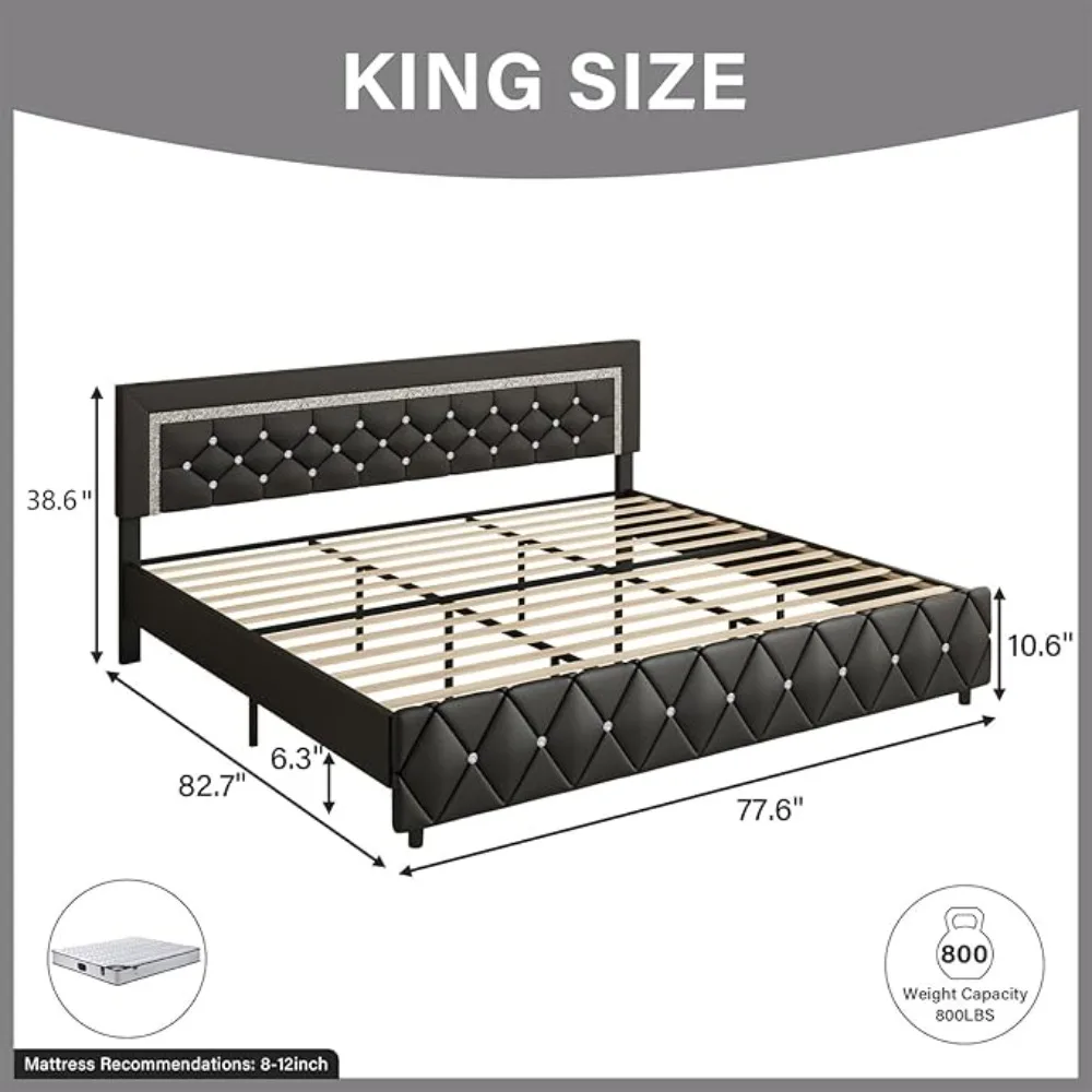 HOMBCK Twin Bed Frame, Upholstered Bed Frame Twin Size with Diamond Tufted Headboard, Faux Leather Headboard & Footboard