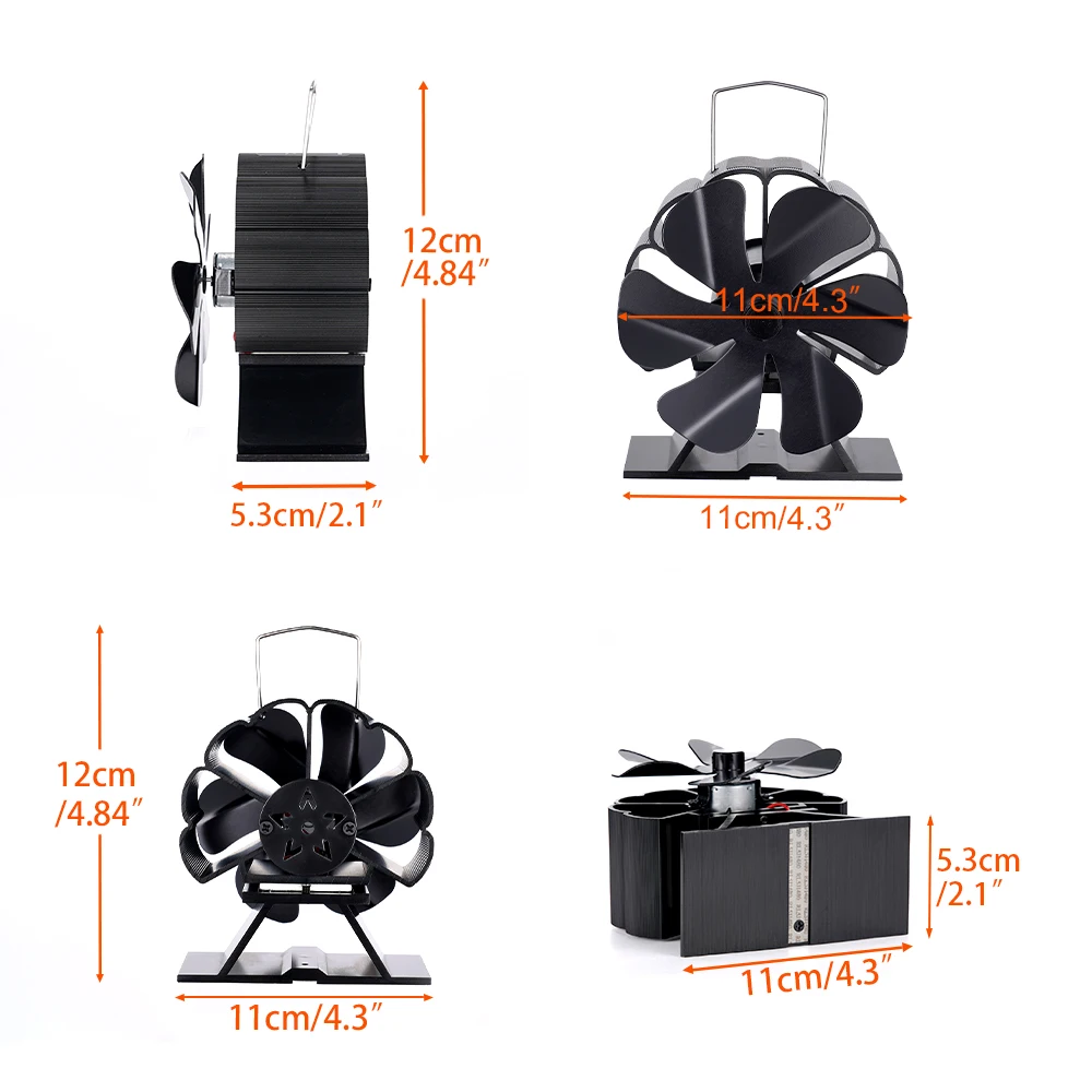 Miniventilador negro de 6 aspas para chimenea, sistema de ventilado para quemador de leña, silencioso, con distribución eficiente del calor