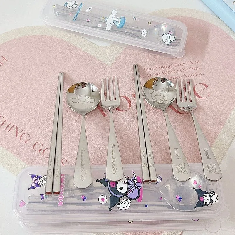 Hello Kitty Sanrio Stainless Steel Tableware Cute Kids Girls 4Pcs Set Dinnerware Portable Printed Knifes Fork Spoon Tableware