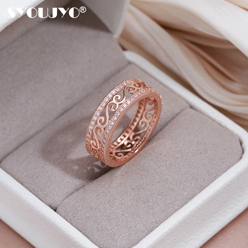 SYOUJYO Hollow Relief 585 Gold Color Rings for Women Sparking Double Row Natural Zircon Micro Inlay Bride Wedding Flower Rings