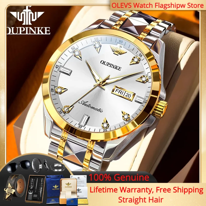 

OUPINKE 3286 Men High end Fully Automatic Mechanical Watch Original HD Diamond Dial Tungsten Steel Strap Waterproof Men Watch