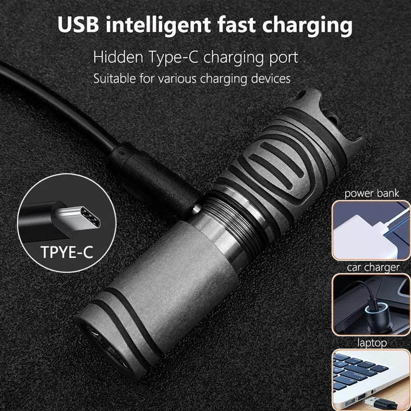 Titanium Alloy Flashlight USB Rechargeable with Necklace Camping Hiking EDC Pocket LED Keychain Light Outdoor Survival Tools