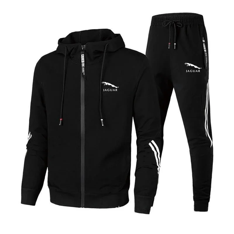 Men Jaguar Car Logo Print 2 Piece Sets Sportswear Zip Hooded Sweatshirt+Pants Gym Running Men Clothing 2024 New Tracksuit Sets