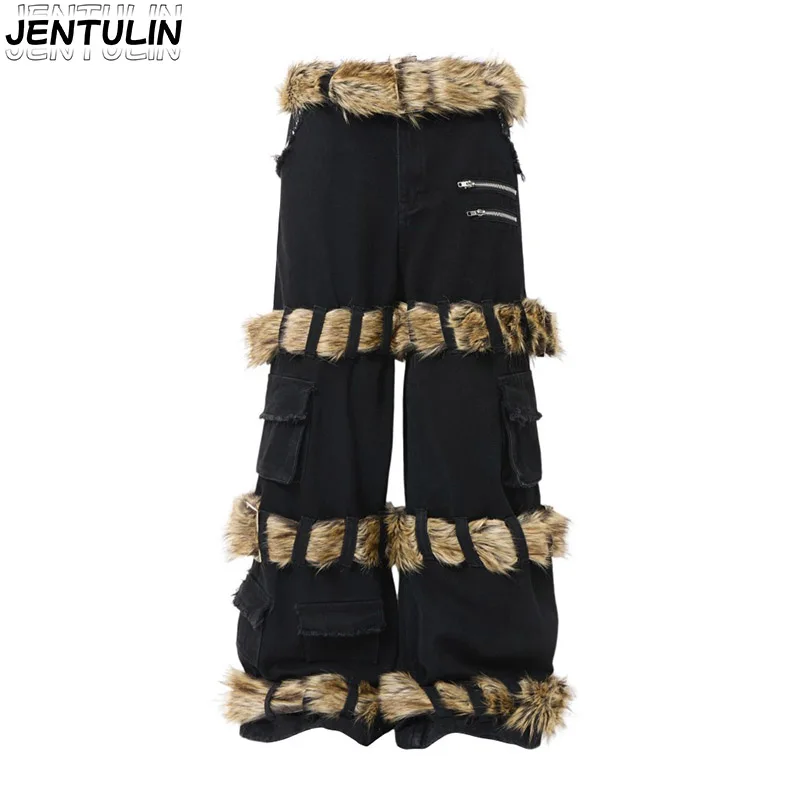 

2025 Black Man Clothes Aesthetic High Street Detachable Woolen Pants Men's Women's Jeans Multi Pocket Workwear Wide Leg Pants