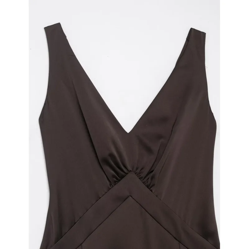 Women Long Satin Dress Spring Summer Sexy Backless Elegant V Neck Wide Straps Women's Dress Lady Flared Hem Dresses