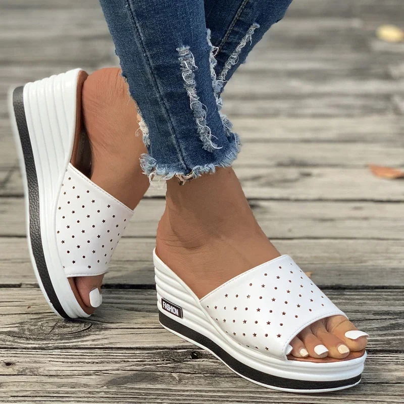 Women Fashion Wedges Heeled Slippers Casual Flip Flops Summer New Party Platform High Heels Shoes High Heels Peep Toe Slippers