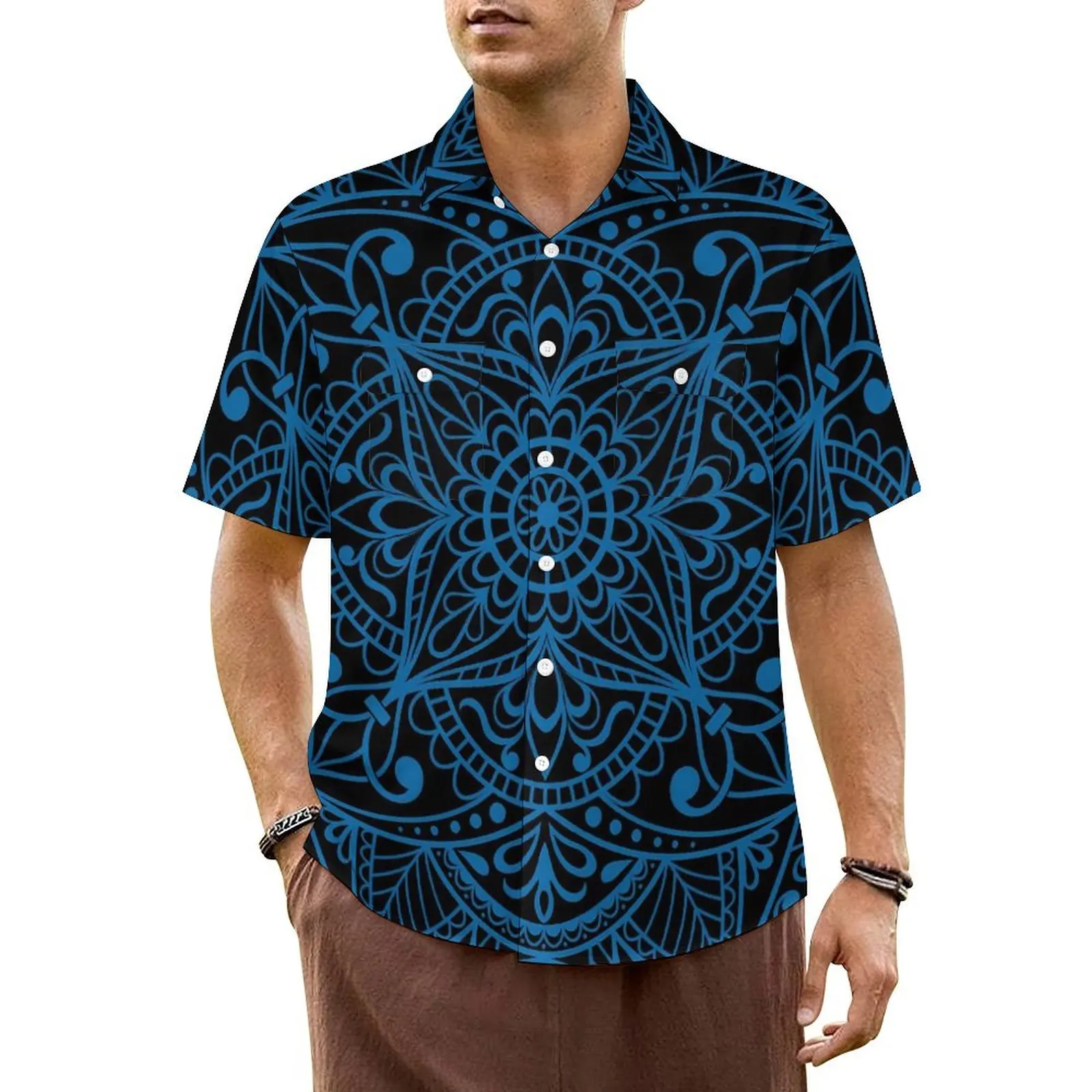 Blue Mandala Beach Shirt Abstract Floral Print Summer Casual Shirts Men Elegant Blouses Short Sleeve Y2K Funny Custom Clothing