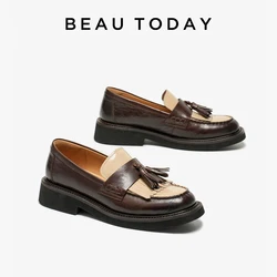 BEAUTODAY Loafers Women Genuine Cow Leather Fringe Patchwork Round Toe Slip-on Mid-heel Ladies Shoes Handmade 26447