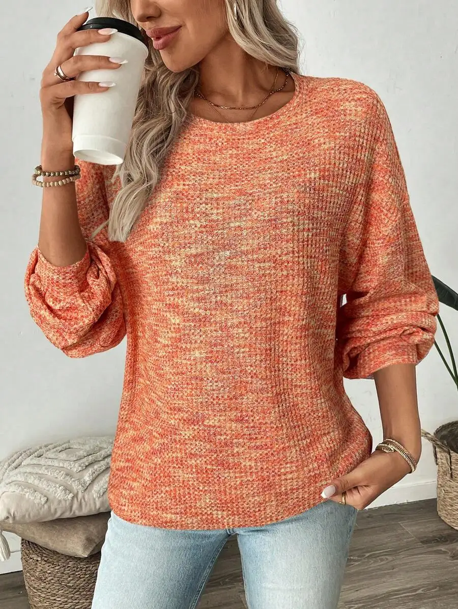 เสื้อสเวตเชิ้ตผ้าถักลายวาฟเฟิลสีส้มสำหรับผู้หญิง LUNE ทรงหลวม สไตล์ลำลองสำหรับฤดูใบไม้ร่วง