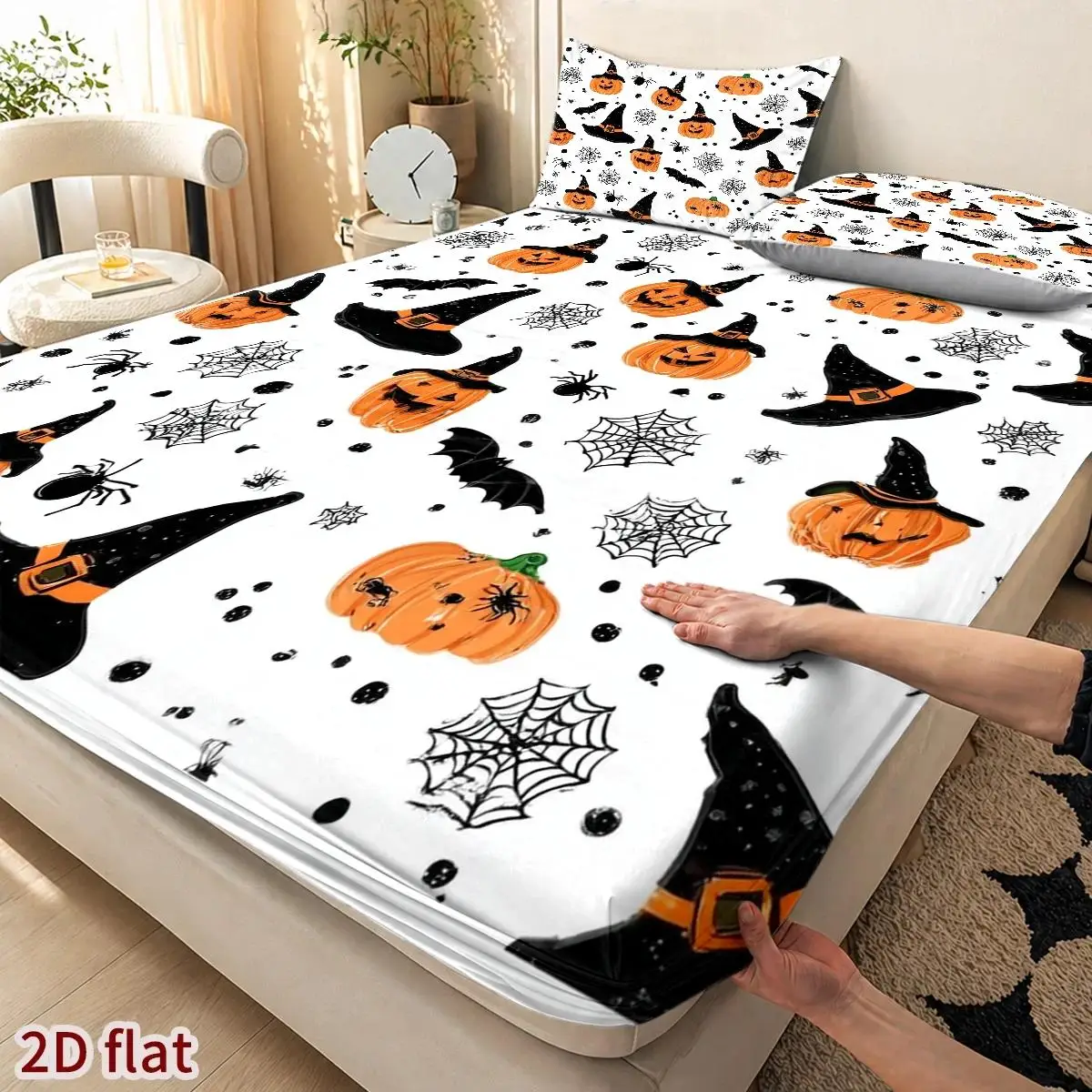 Halloween Pumpkin Party Mattress Protector with Pillowcase, 1 Fitted Sheet + 2 Pillowcases (Without Filling) 2D Flat Printing, Mattress Protector, Mattress Cover, Elastic Fitted Sheet Cover, King/Twin/Queen Size, Master Bedroom Guest Room Decoration, Dustproof and Stain-Resistant, High Elasticity, Fits Various Sizes