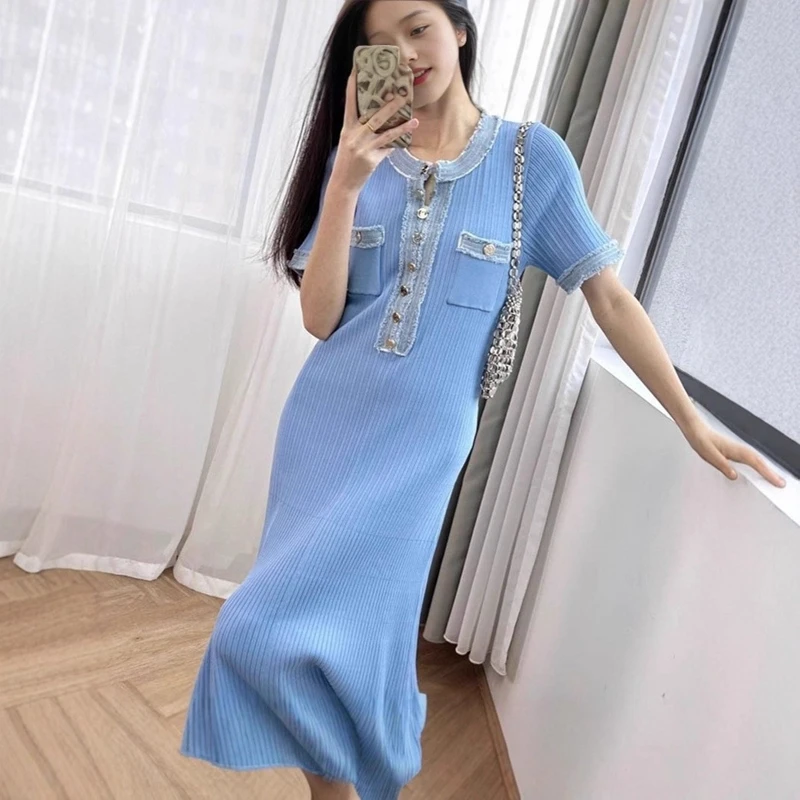 STYLISH LADY Denim Patchwork Knitted Dress 2025 Autumn Women Short Sleeve O Neck Button Bodycon Elegant OL Party Maxi Dresses