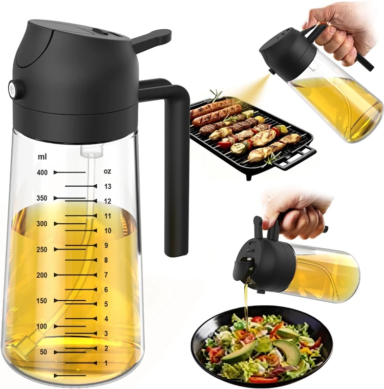 LMETJMA 2-in-1 Olivenöl-Spenderflasche, auslaufsichere Glas-Olivenölsprühflasche, Küchen-Ölsprühflasche für Heißluftfritteuse, Salat, BBQ – Detail 3