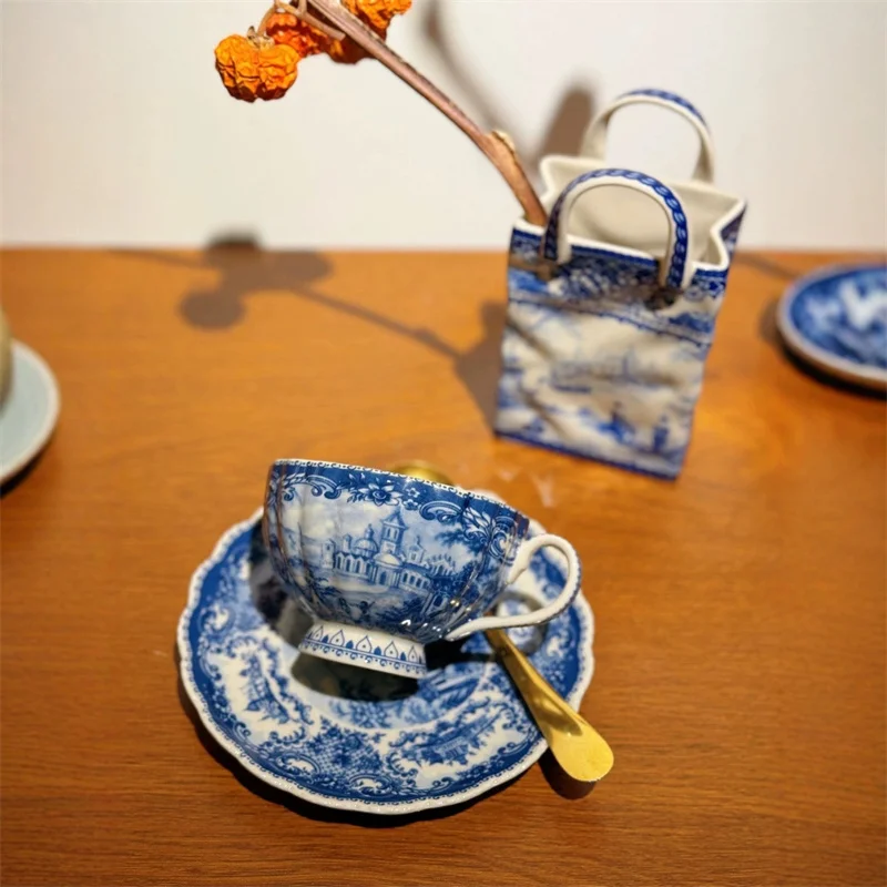 

European Medieval Blue Castle Underglaze Ceramic Coffee Cup and Saucer set High end Vintage Afternoon Tea Cloud Dim Sum Plate