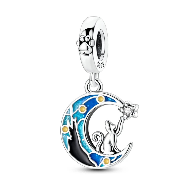 

925 Sterling Silver Charms Bead CZ Zircon Luminous Starry Sky Moon Cat Dangle Fit Original Bracelet DIY Women Jewelry